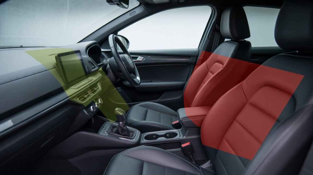 Diagram showing which car interior surfaces are safe for Clorox wipes.