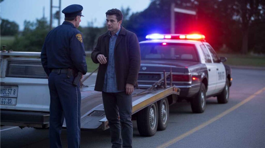 Police stopping a tow truck towing a vehicle with a dispute occurring.