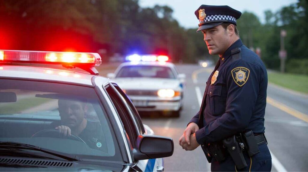 Police officer stopping an unlicensed driver.