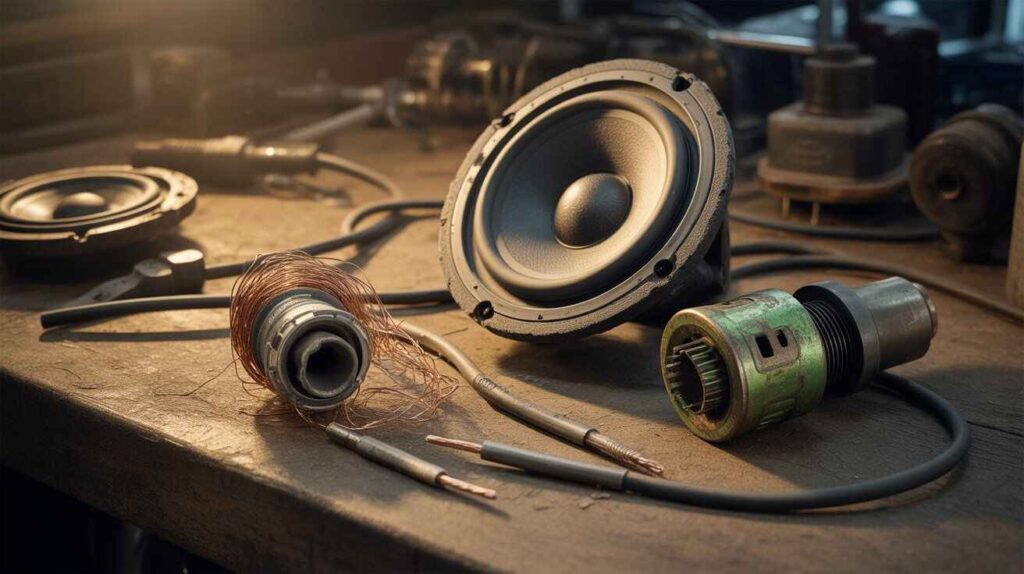 Damaged car speaker parts and frayed wires showing common causes of crackling sound.