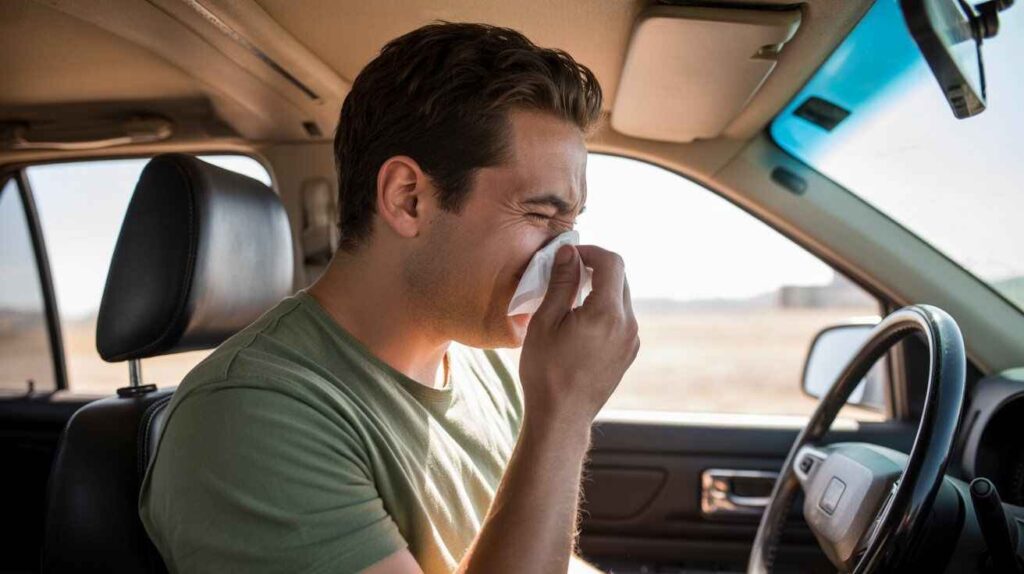 Person sneezing inside dusty car with airborne particles visible.