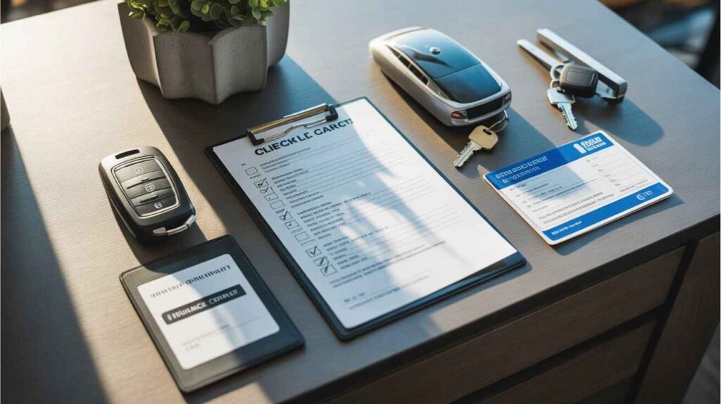 Driving test preparation checklist with rental contract, insurance card, car keys, and permit ID placed on a table