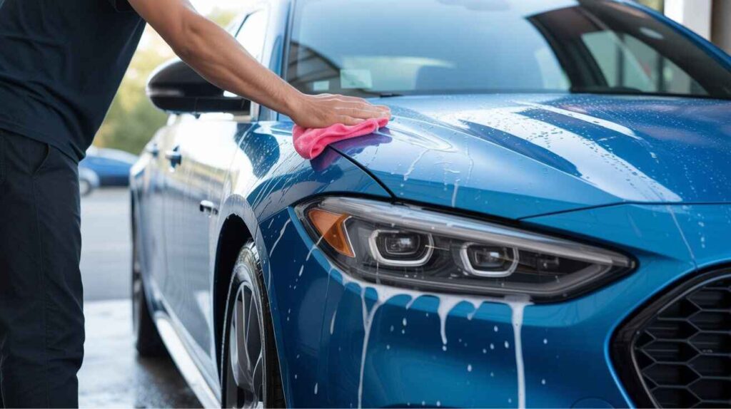 Microfiber towel drying a glossy vinyl car wrap surface.