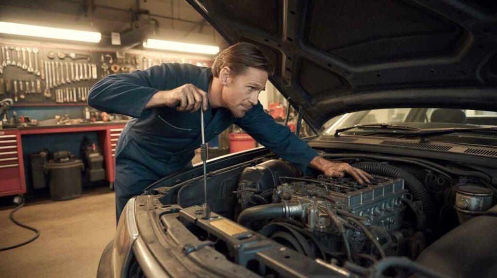 mechanic refilling high-octane fuel, changing spark plugs, and scanning engine with OBD-II tool to fix engine knocking