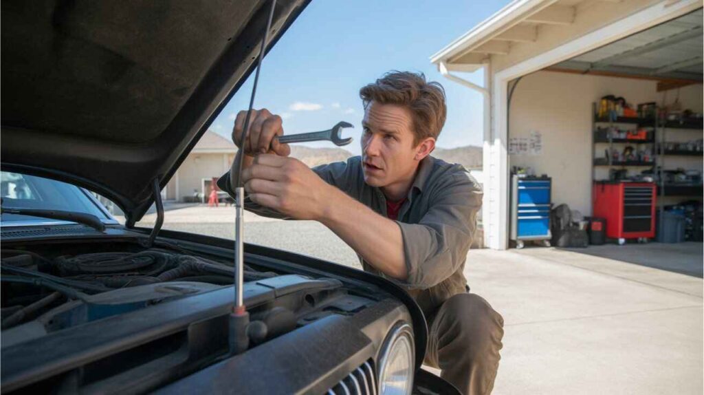 A person fixing a car radio antenna and wiring to remove static noise.