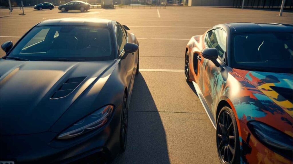 Comparison of a full car wrap and a partial wrap in a parking area.