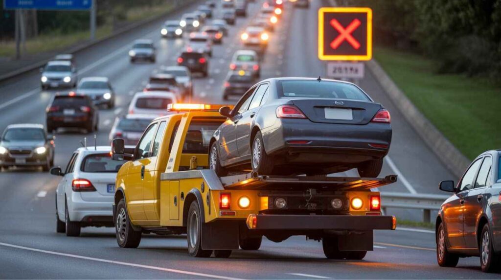 Car being towed on a roadway with visual warning symbol.