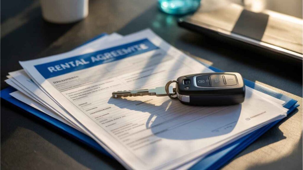 Insurance documents and a rental car key placed on a desk.