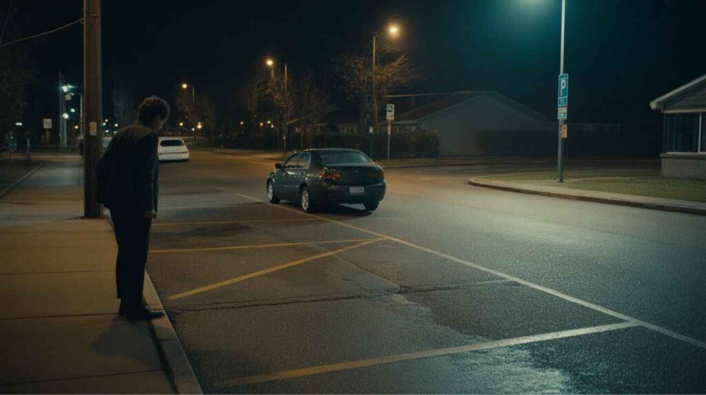 Person standing in front of an empty parking spot at night, realizing their car is missing.