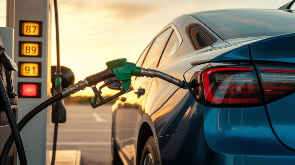 Close-up of fuel pump octane rating buttons showing 87, 89, and 91 at a modern gas station.