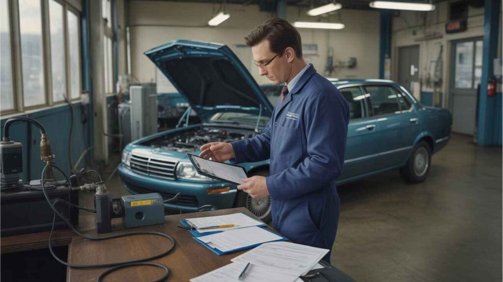 a mechanic performing an inspection, documents on a desk, and a car connected to emissions equipment.