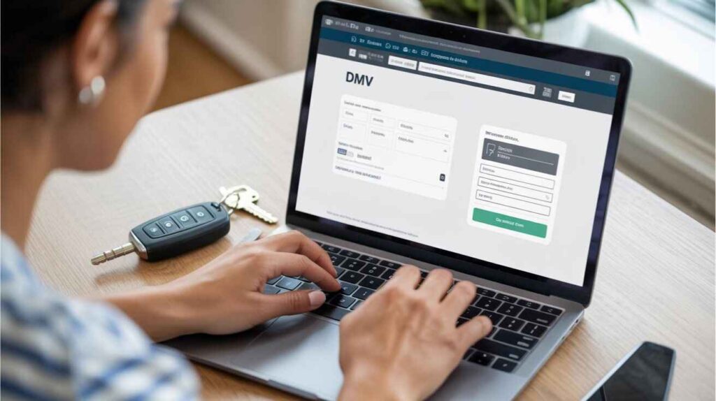 Driver renewing expired car registration online using a laptop and DMV website.