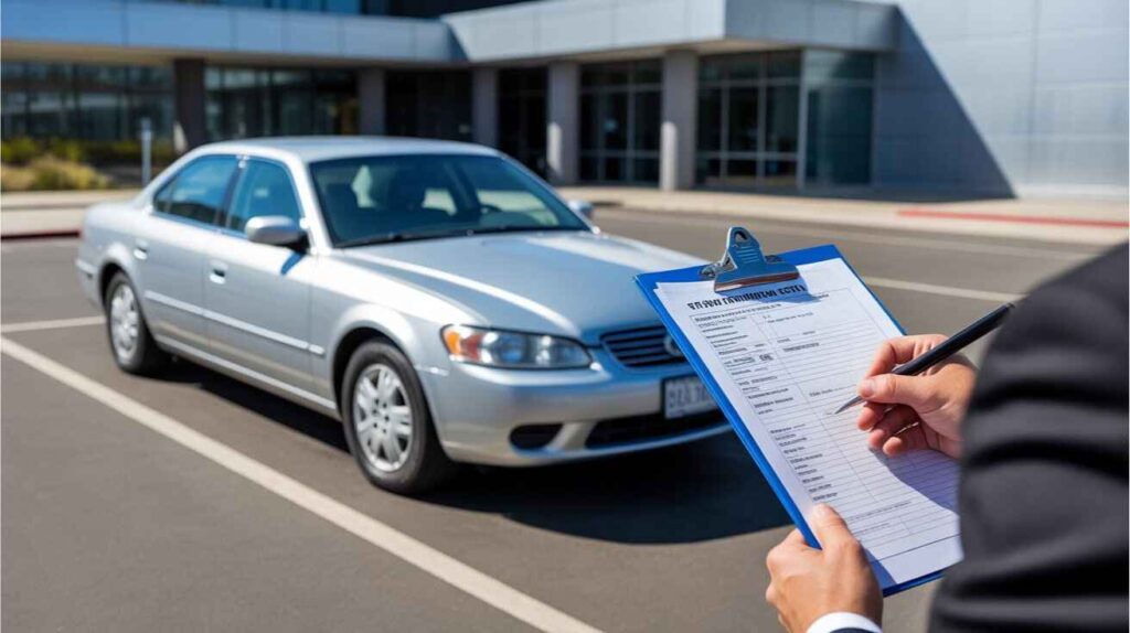 Rental car parked outside a DMV testing center before a driving exam.