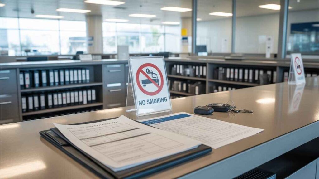 Rental counter displaying a no-smoking sign next to car keys.