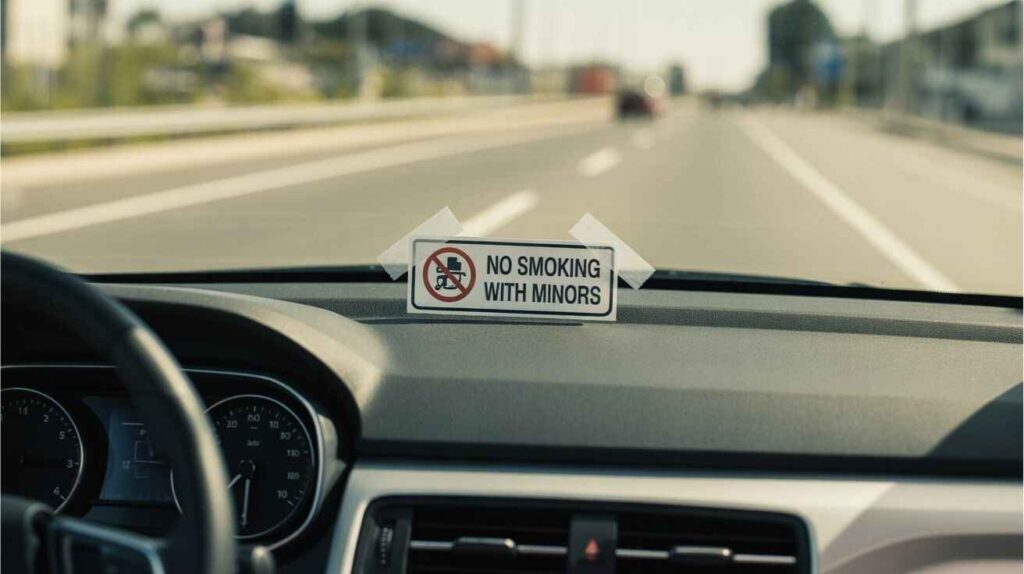 Car dashboard displaying a reminder about smoking restrictions in vehicles.