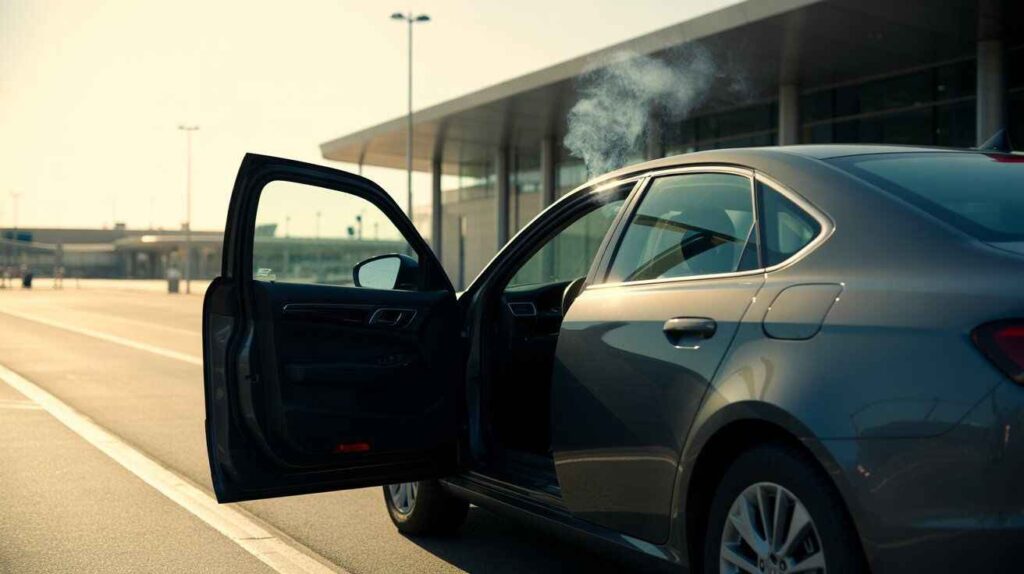 Rental car parked at an airport with subtle smoke near the open window.