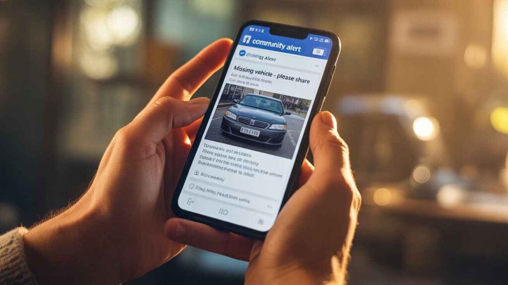 A smartphone displaying a community social media post about a stolen car.