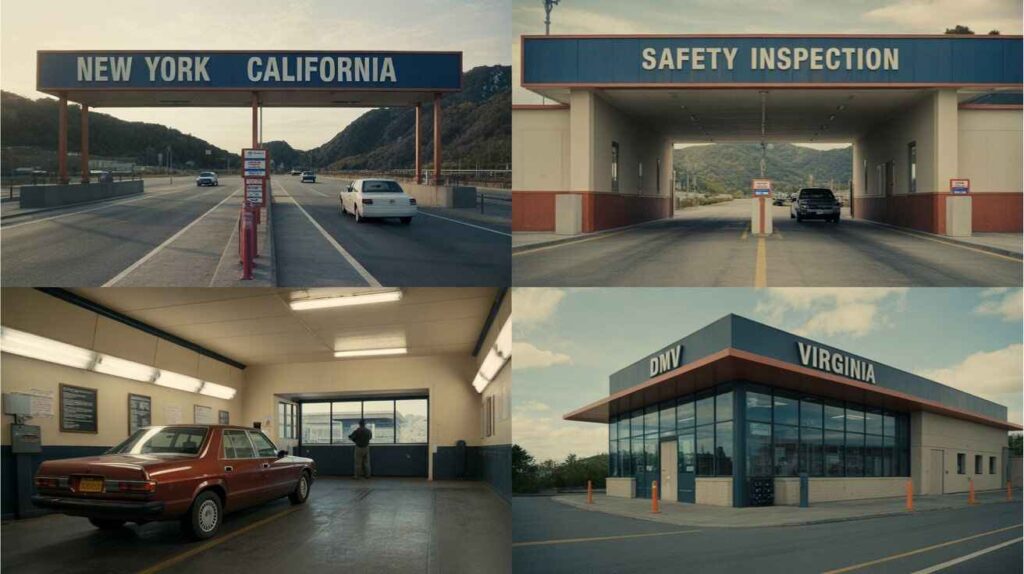 Various state inspection stations including smog checks and safety bays.