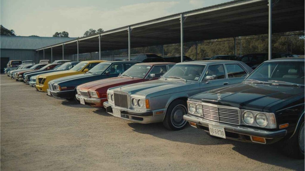 A lineup of used, luxury, classic, and salvage cars displayed at an auction lot.