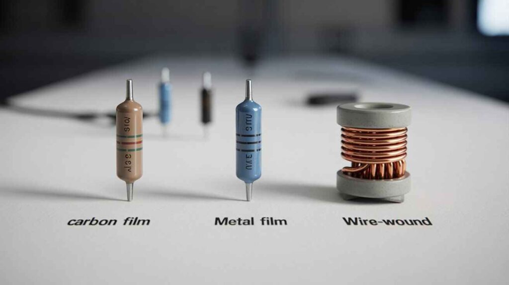 Various resistor types including carbon film, metal film, and wire-wound on a table.