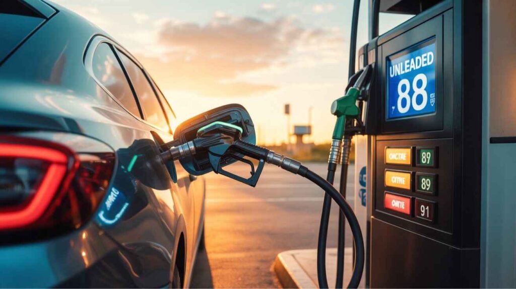 Gas pump labeled Unleaded 88 at a modern fuel station.