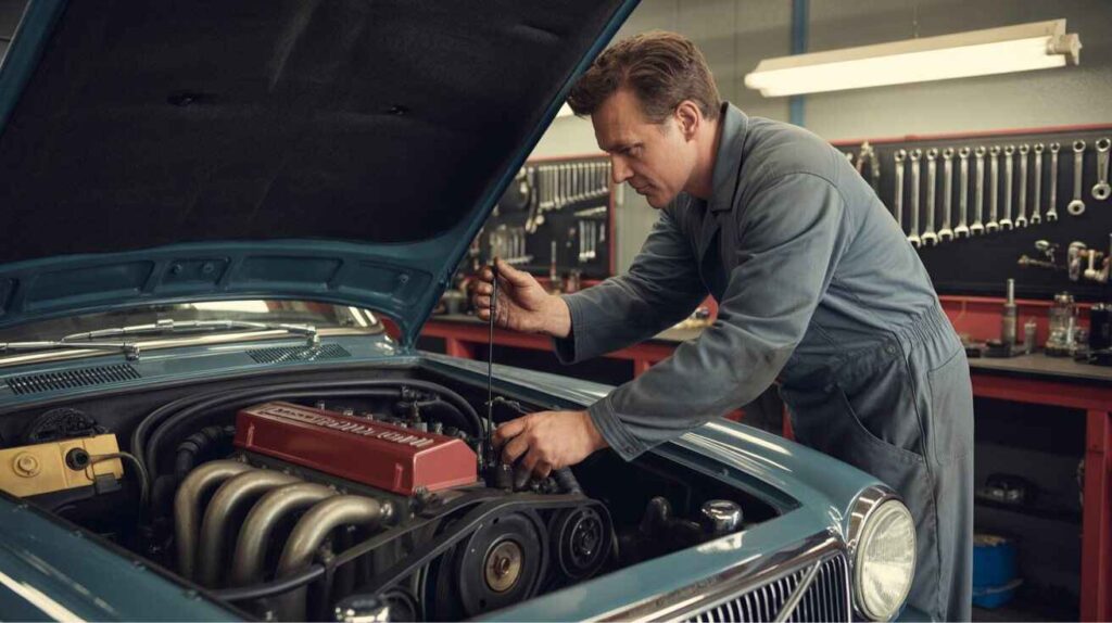 Mechanic checking oil ,belts performing maintenance on Volvo Redblock engine.