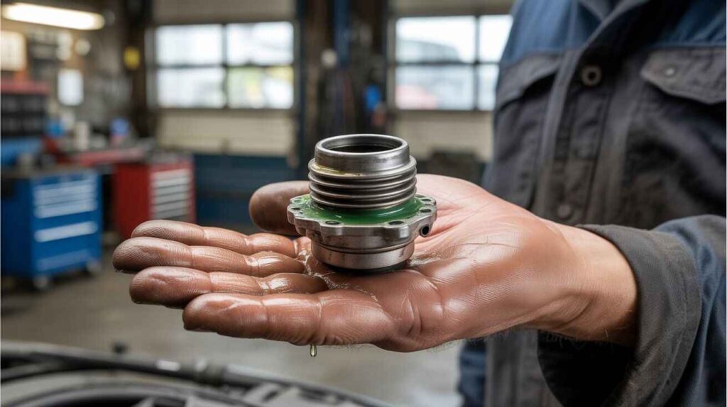 Faulty thermostat placed on a mechanic’s hand with coolant residue visible. Faulty thermostat causing engine overheating.