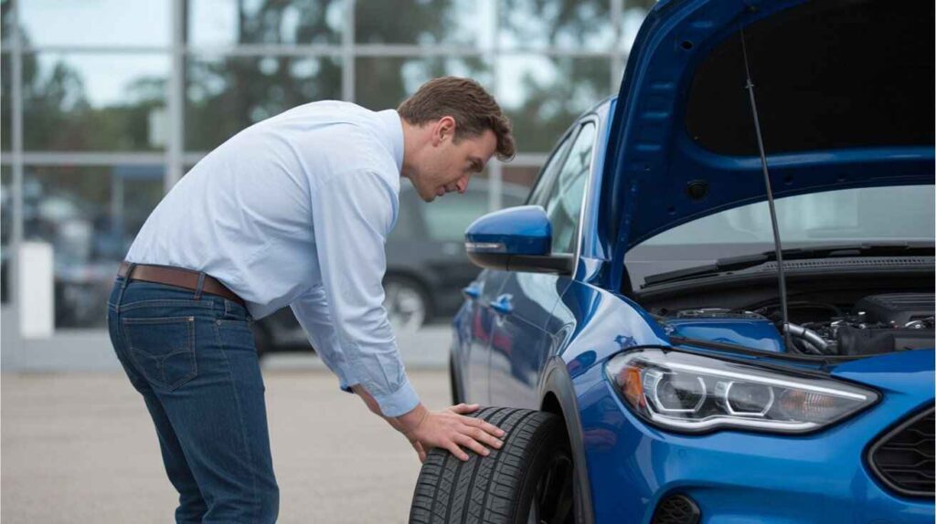 Buyer inspecting a used car beyond the odometer reading.