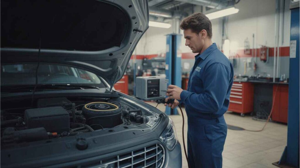 Technician performing routine car AC maintenance.