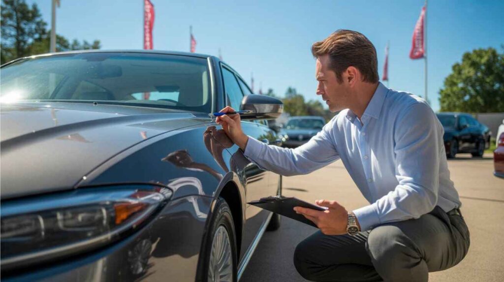 Dealer inspecting a car for trade-in value.