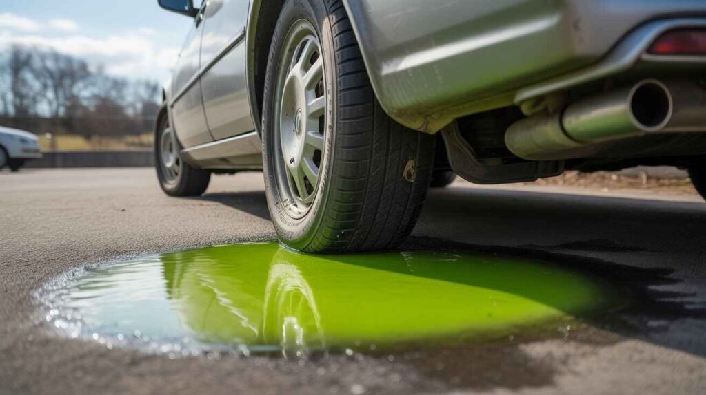 Bright green antifreeze puddle under a parked car.
