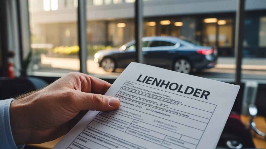 Car title showing lienholder information held over a parked vehicle.