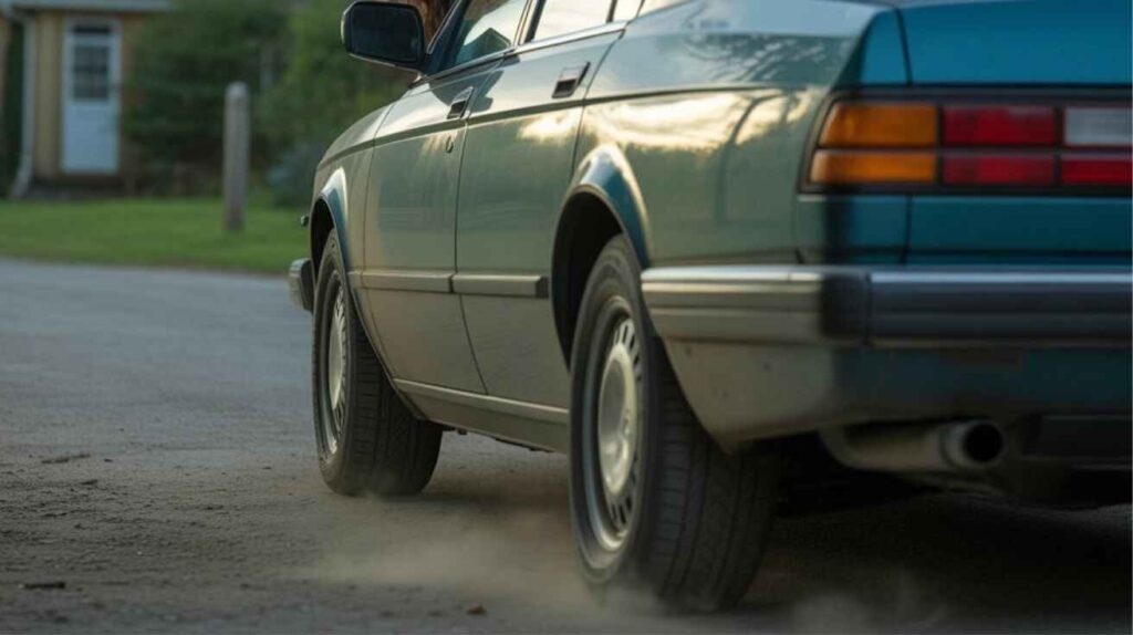 Car reversing out of driveway with focus on rear wheels.