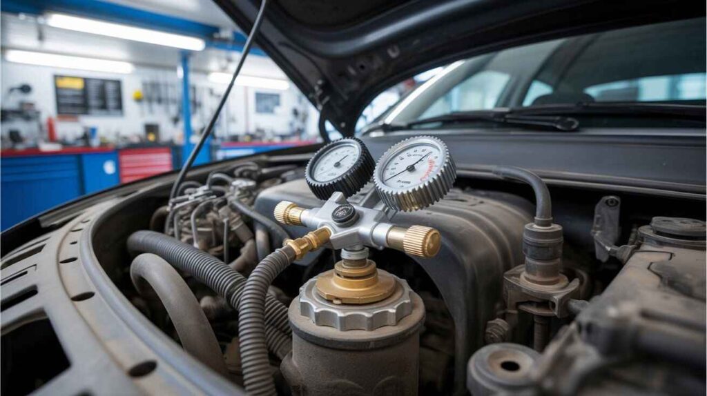 Cooling system pressure test being performed by pressure tester attached to a radiator cap.