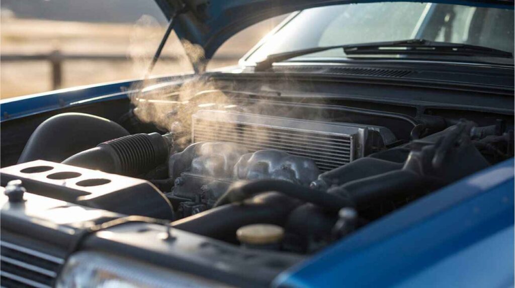Car engine overheating with steam rising from the radiator.
