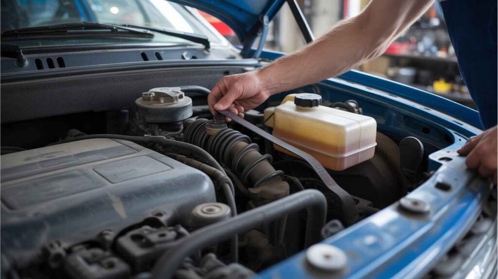 Mechanic inspecting serpentine belt and power steering fluid level.