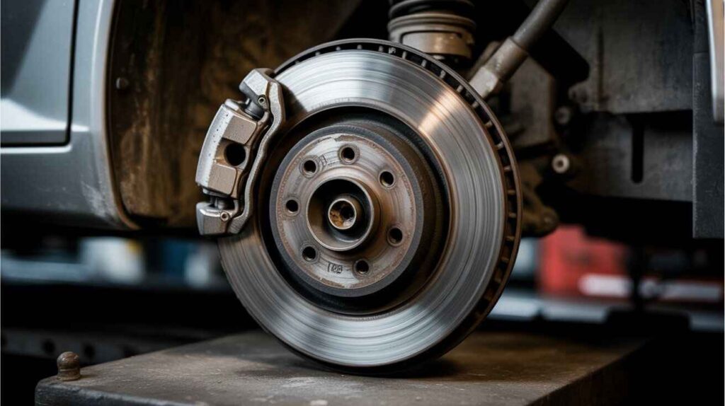 Warped and contaminated brake rotor causing grumbling noise.