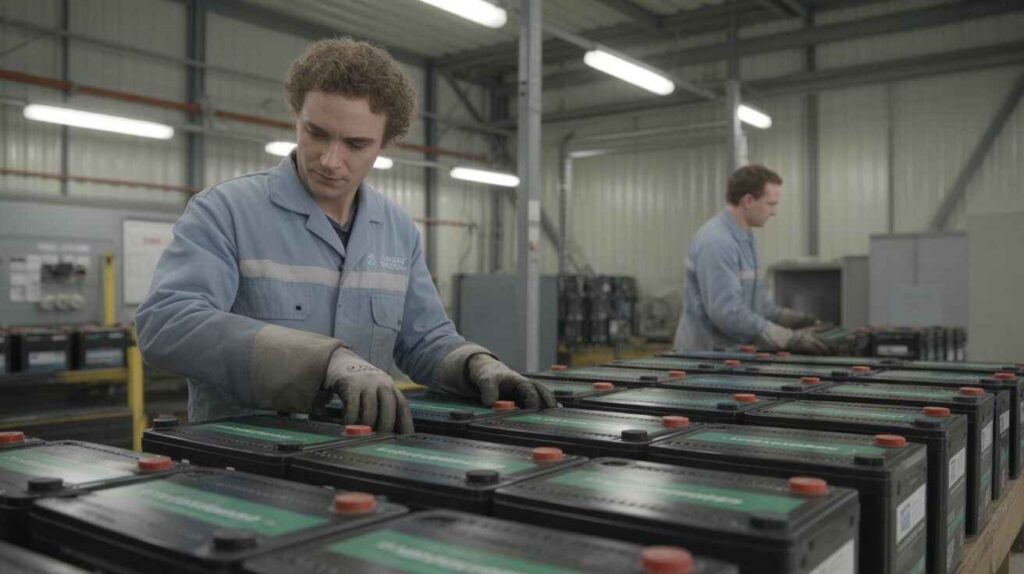 Hybrid car batteries being recycled at a specialized recycling facility.