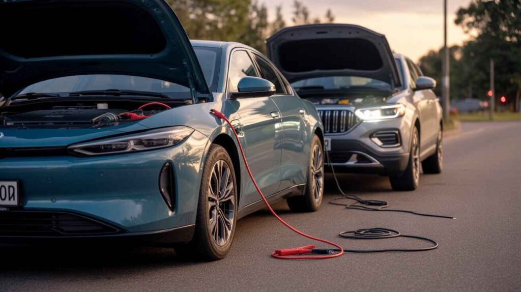 Jump-starting a hybrid car using jumper cables connected to a donor vehicle.
