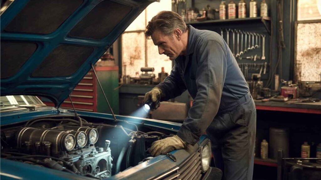 Mechanic examining a car engine to assess condition beyond mileage.