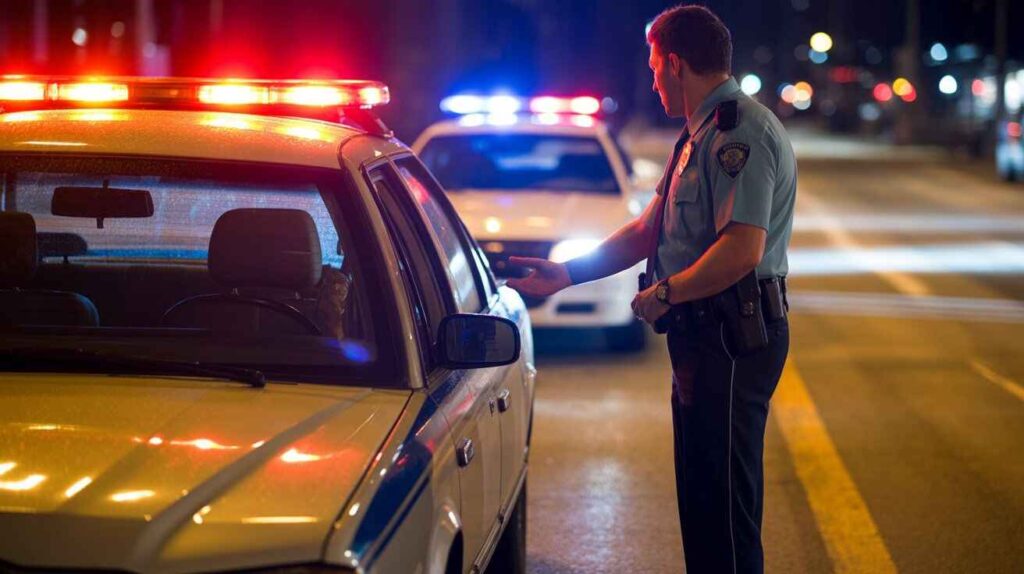 Police officer standing beside a car during a nighttime traffic stop with lights reflecting on the door.
