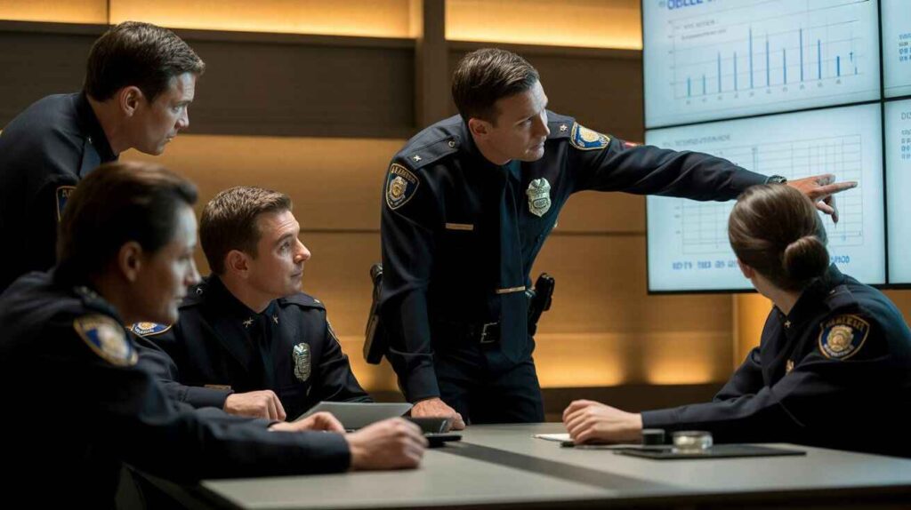 Officers reviewing department idling guidelines during a meeting.