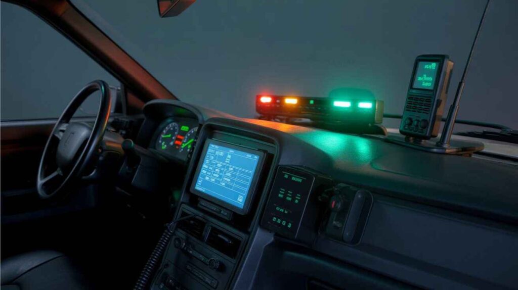 Inside of a police car showing powered electronics and computers.