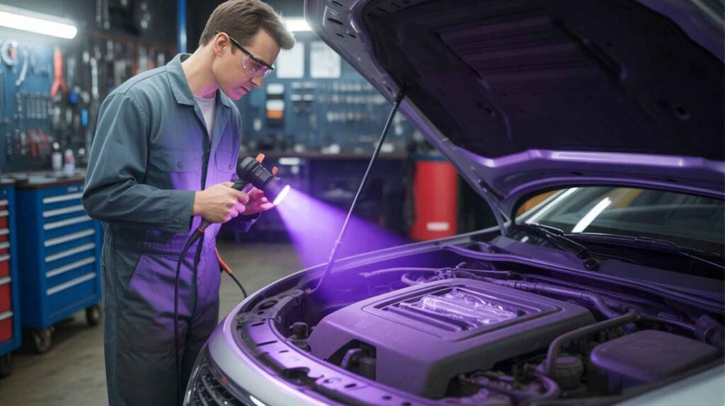 Mechanic detecting car AC refrigerant leak with UV light.