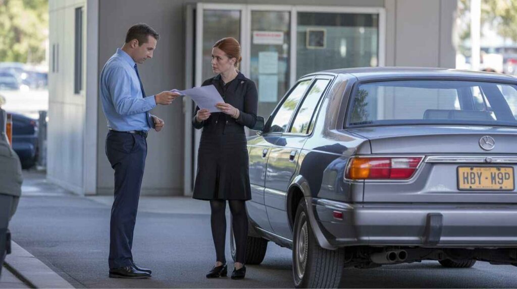DMV worker completing registration paperwork for an imported RHD vehicle.