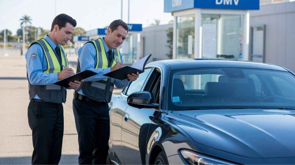 Insurance agents reviewing coverage documents for an RHD vehicle.