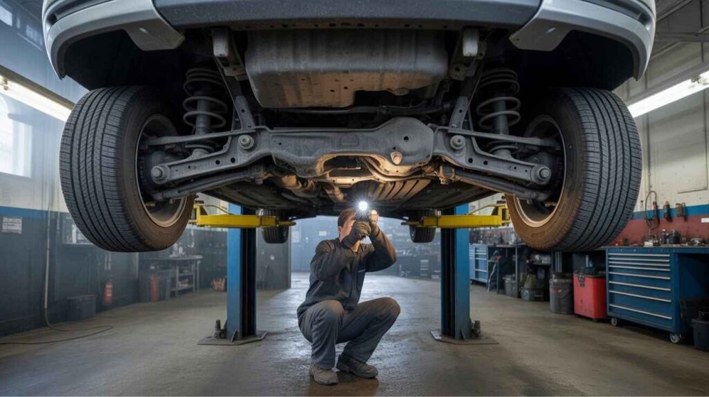 Mechanic inspecting worn suspension components that cause thumping noises while driving.