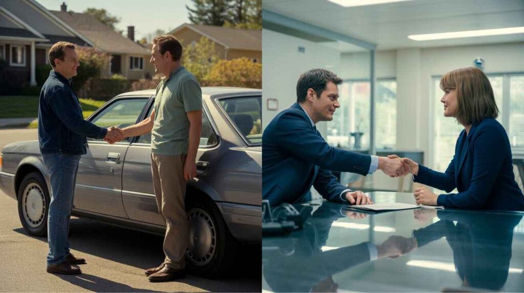 image  showing a private buyer meeting on one side and a dealership trade-in counter on the other.