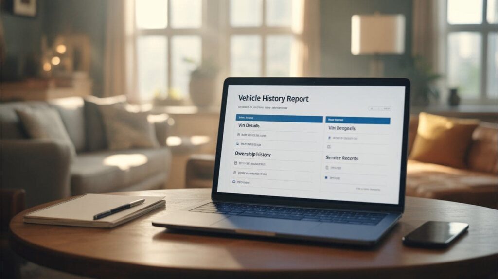 Laptop showing a vehicle history report summary.