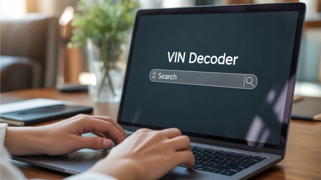 Laptop displaying a VIN decoder website.
